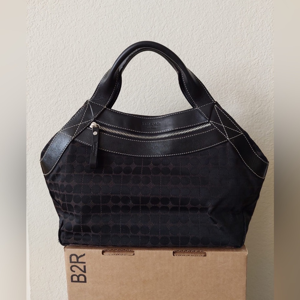 Kate Spade Black Canvas Leather Hobo Handbag Jacquard Y2K Vintage Logo Purse